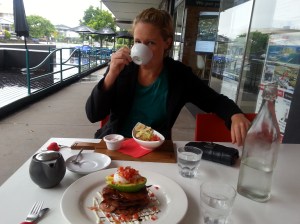 Tiff enjoying breakfast at one of the many cafes in Coffs Harbour